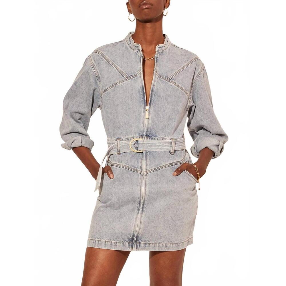 NEW KIVARI jimmy denim mini dress in light blue acid wash - Picture 1 of 4